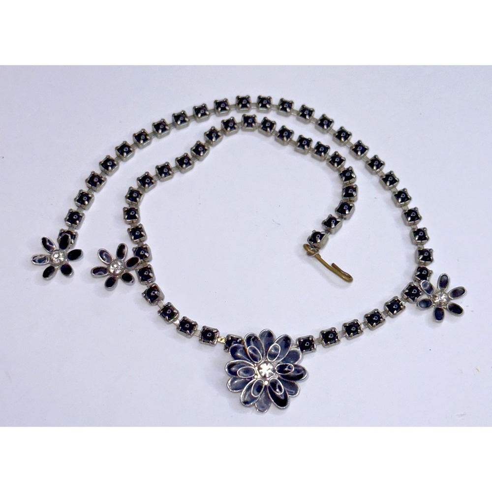Choker Dressy Black Rhinestone Necklace Flower Silver Tone 12-15" Hook Clasp VTG